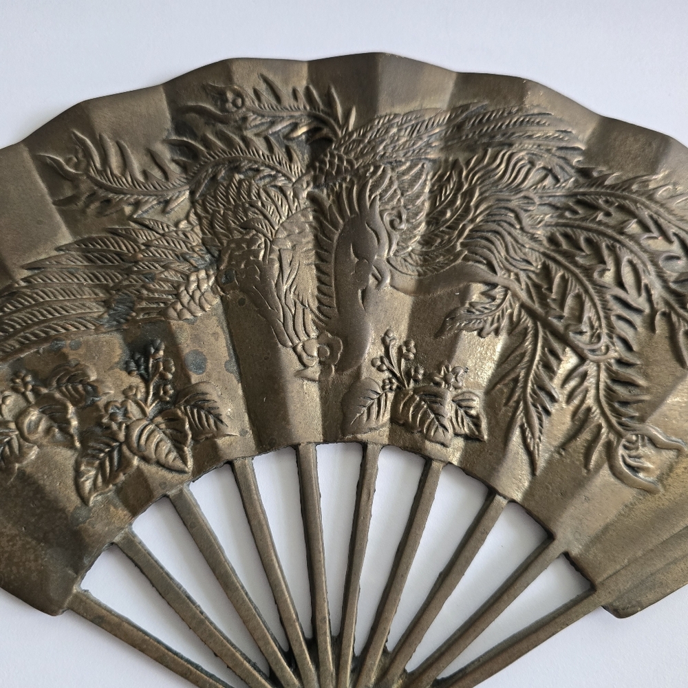 Vintage Enesco Brass Phoenix Fan Wall Decor Chinoiserie Accent - Picture 2 of 7